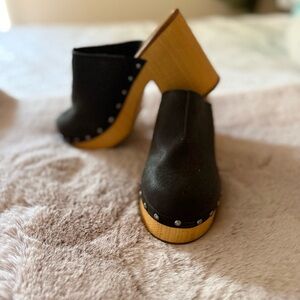 MIA Black Leather Mules with Wooden Heel